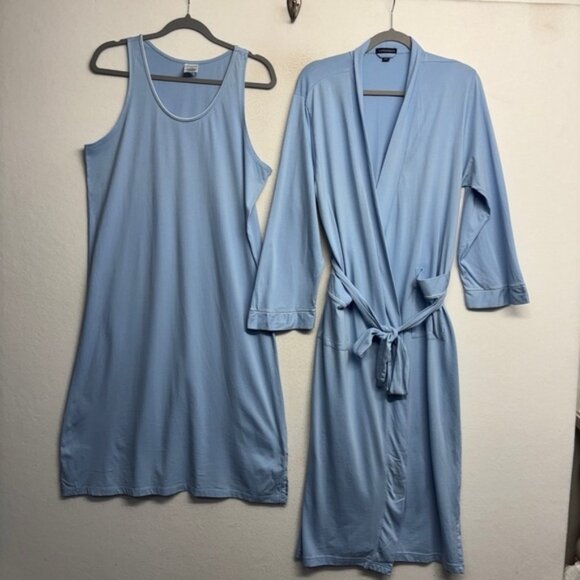 Land's End Cotton Robe Nightgown SET Blue L 14-16 Midi - Picture 1 of 8